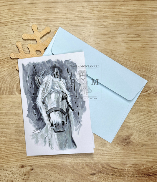 Biglietto d'auguri con stampa artistica di un cavallo in grigio | Paola Montanari